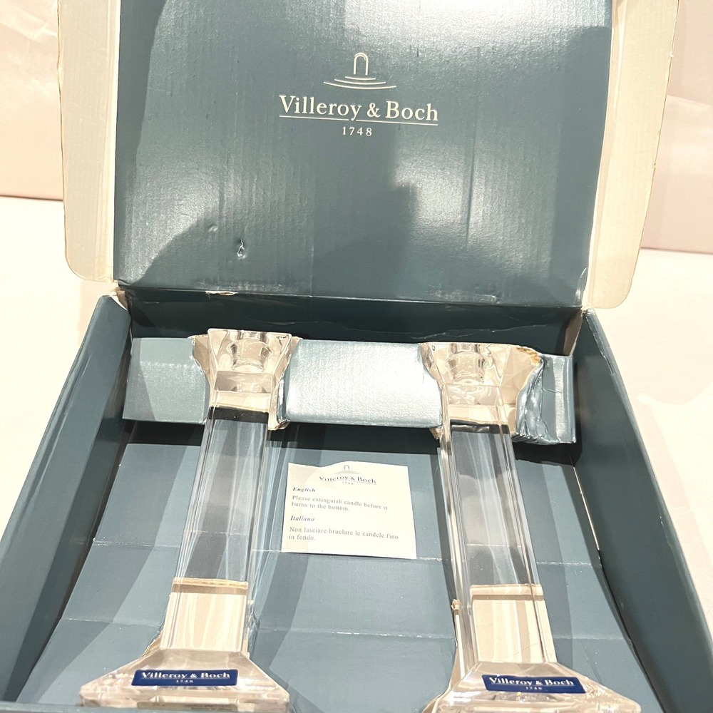 Villeroy & Boch‎ Sienna Crystal Candlesticks Pair Signed NOS Austria Modern 8"